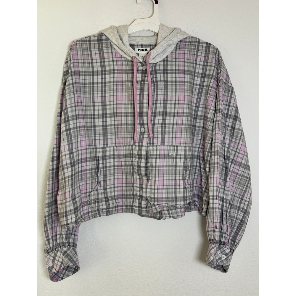 Victorias Secret PINK Plaid Flannel Cropped Hoodie Grey Pink XL